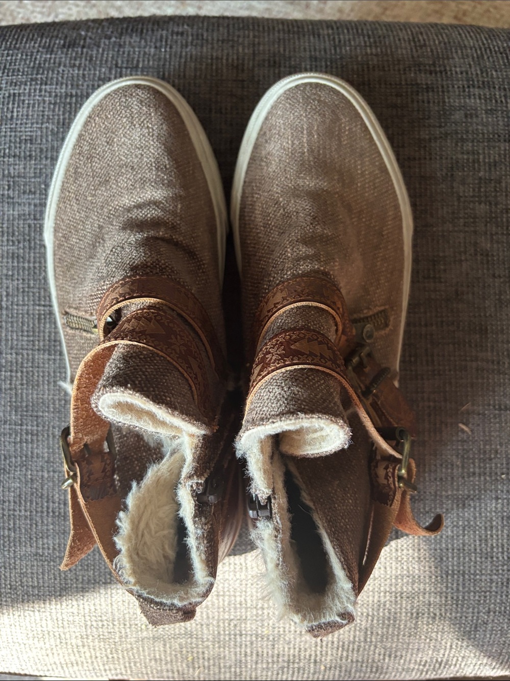 Faux-Shearling Lined Brown Ankle Booties with Buckle Detail